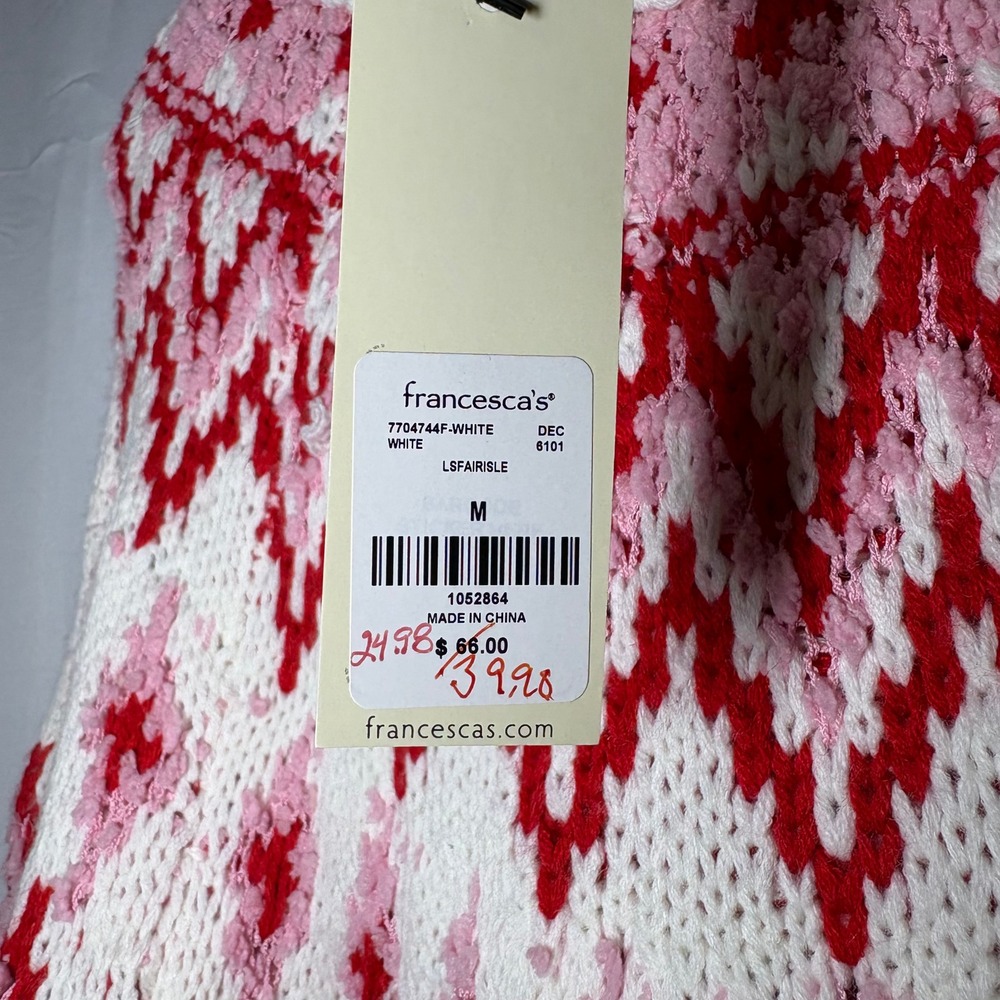 NWT Francesca's LS Fair Isle Cowl Neck Knit Sweater Dress White Red Pink Medium - Picture 6 of 10